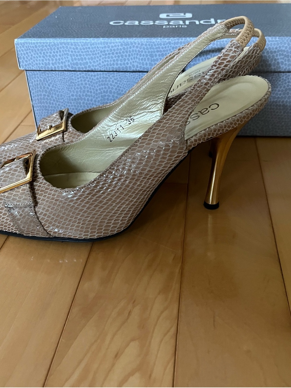 Cassandre Paris, Beige Snake-Embossed Slingback Pumps with Gold Heel